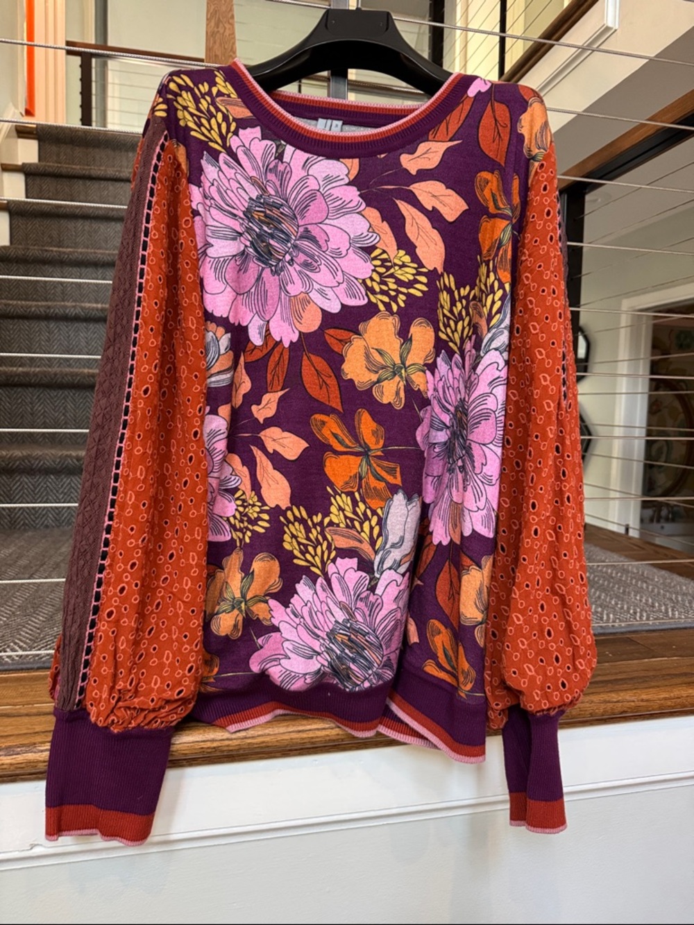 Floral Mixed-Sleeve Pullover Blouse - Purple/Pink/Orange